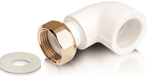 Уголок 90° из ППР с соединительной накидной гайкой с внутренней резьбой из латуни и вставкой из ППР